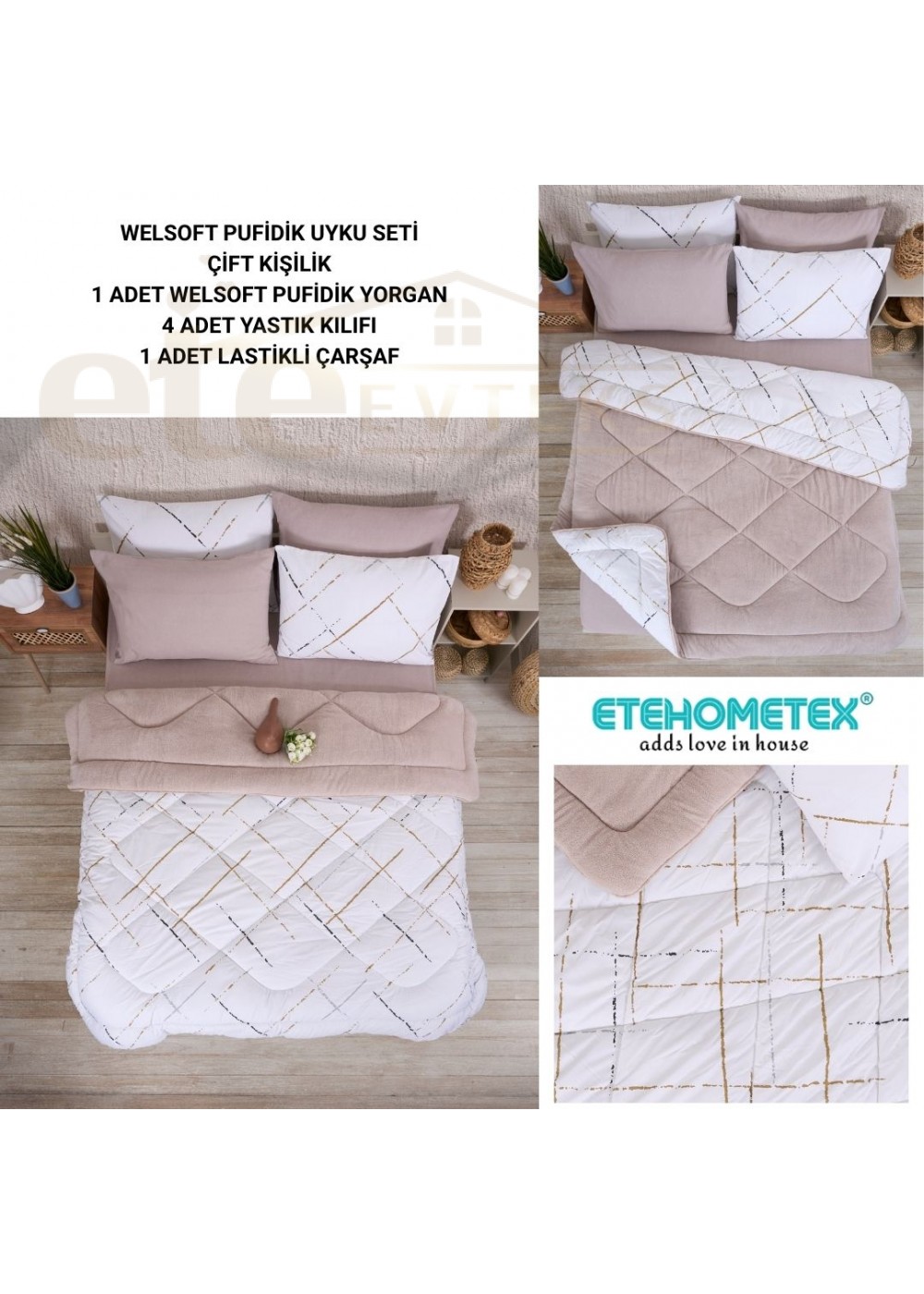 ETE HOMETEX ÇİFT KİŞİLİK WELSOFT UYKU SETİ YANSIMA BEJ 8696474231991